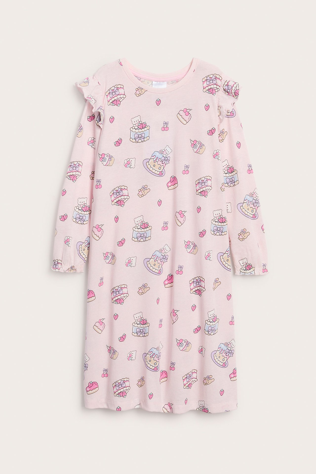 Frontvisning av en rosa langermet nattkjole for barn med Hello Kitty og kake-trykk.