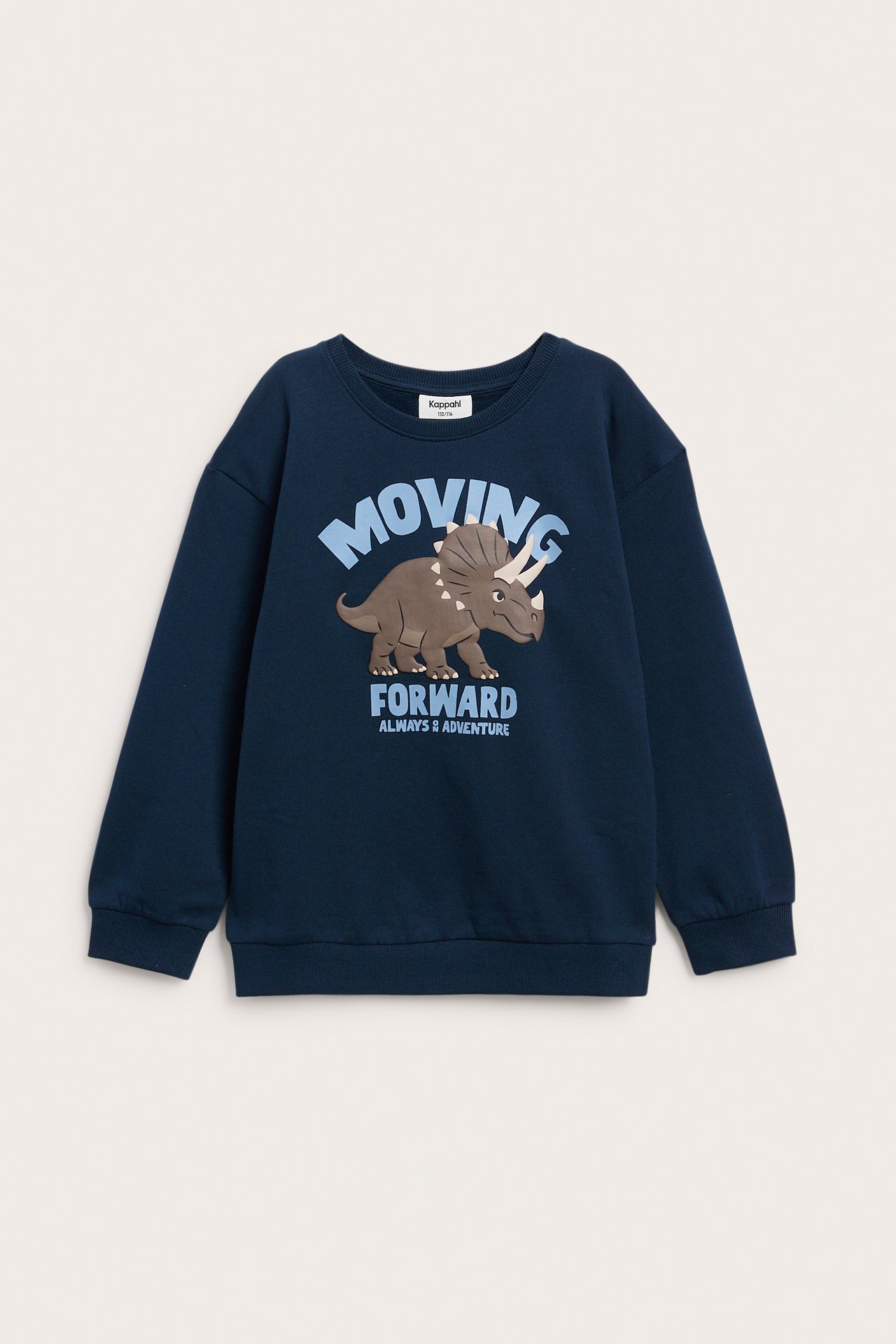 Przód granatowej bluzy dziecięcej z nadrukiem dinozaura i napisem „MOVING FORWARD”.