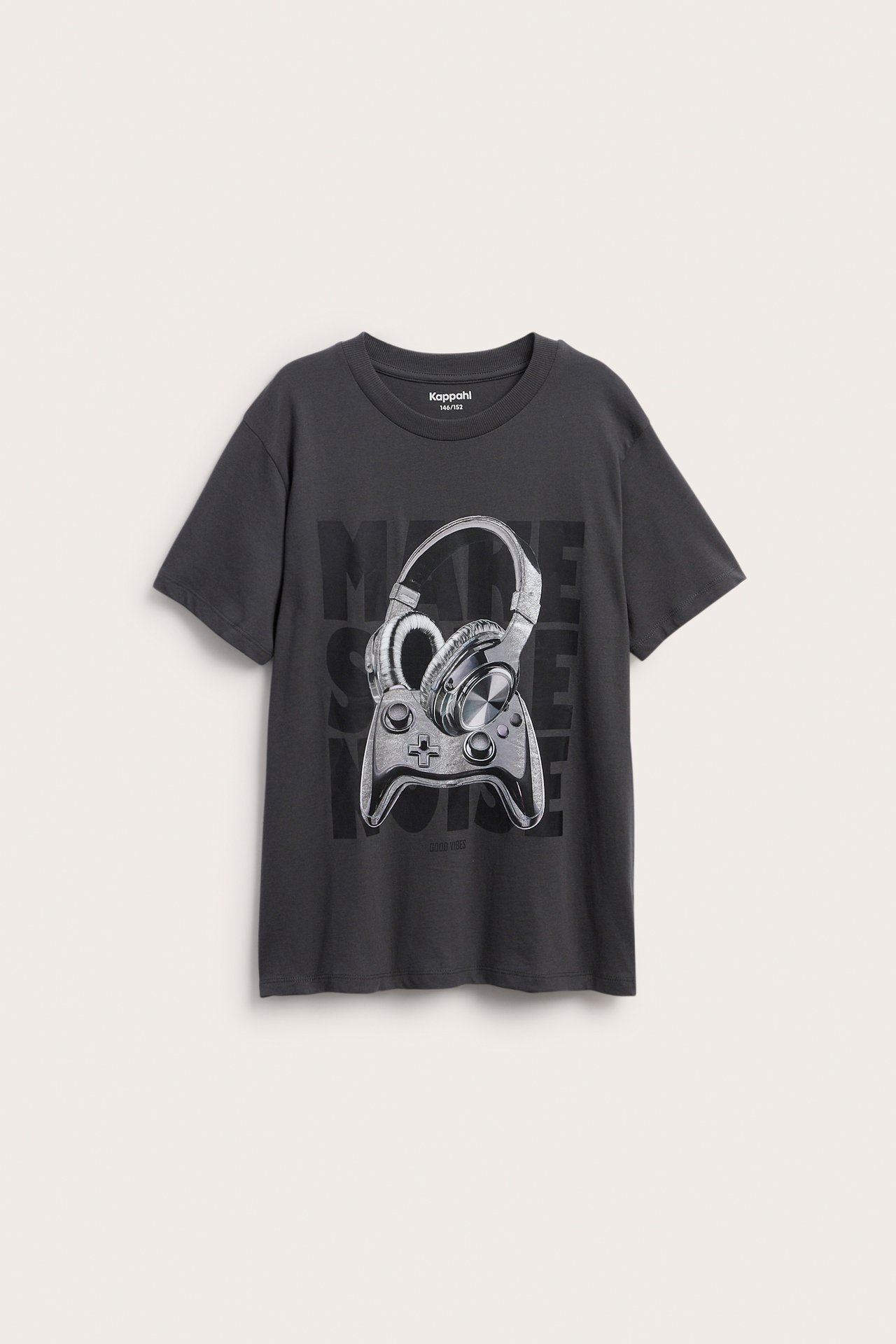 Barnens mörkgrå t-shirt med speltkontroll och hörlurar tryck, framifrån.