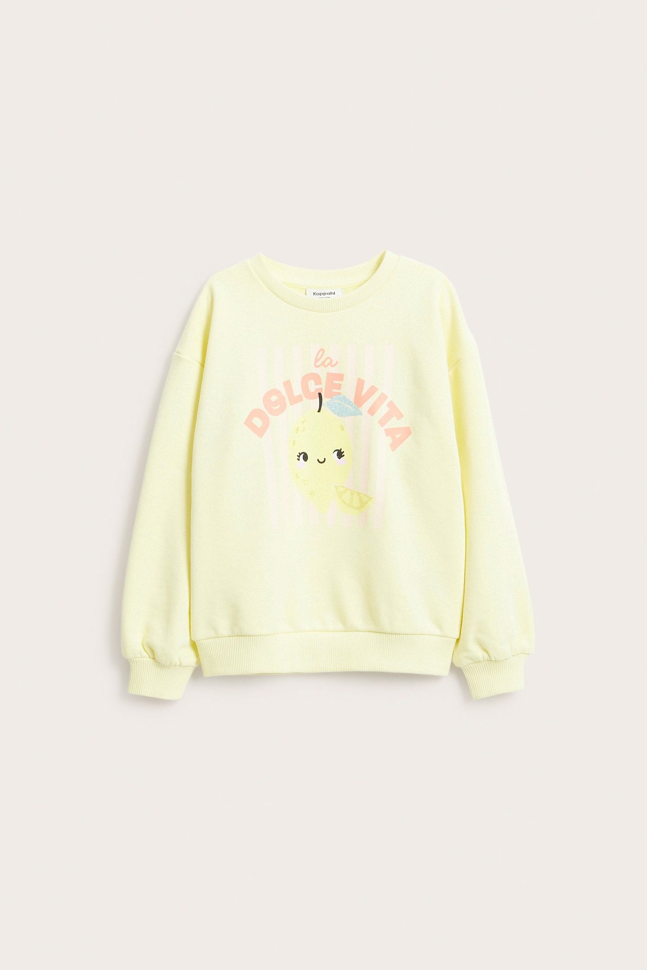 Frontvisning av en lys gul barnesweatshirt med søt sitron og "la Dolce Vita"-trykk på rosa striper.