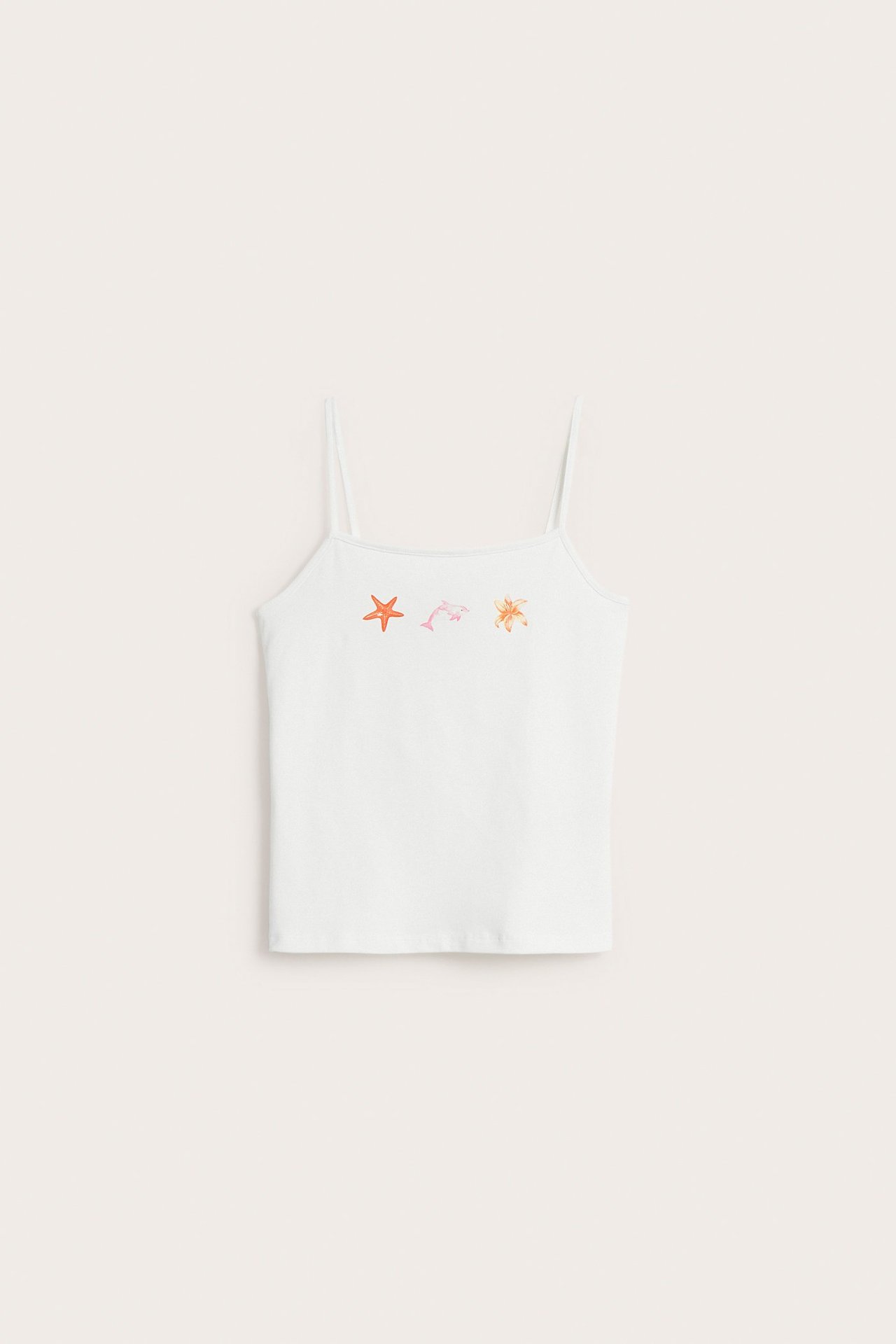 Frontvisning: Offwhite singlet med tynne stropper, trykk av rød sjøstjerne, rosa delfin, oransje korall.