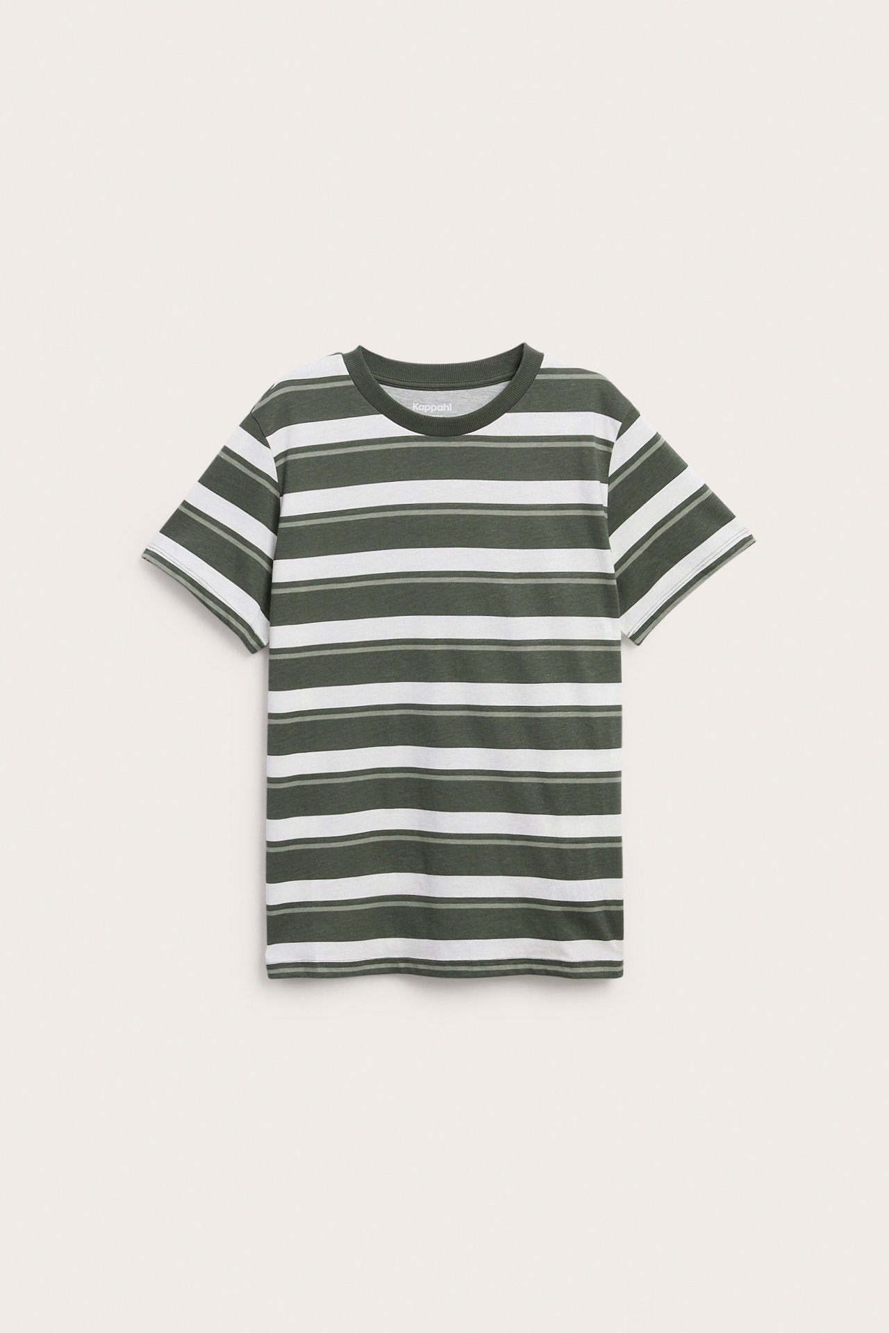 Widok z przodu pasiasty t-shirt w kolorze ciemnozielonym, białym i jasnozielonym.