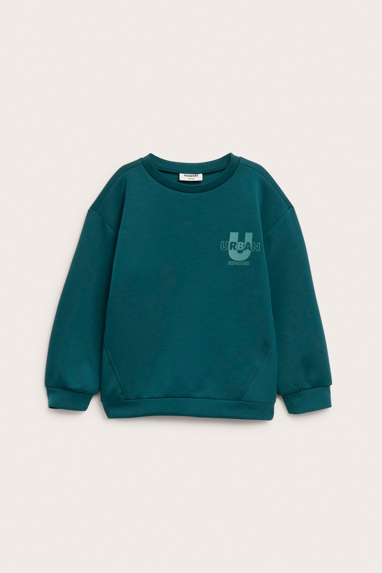 Frontvisning av en mørk petrolblå barnesweatshirt med et 'U URBAN AWESOME'-trykk på brystet.