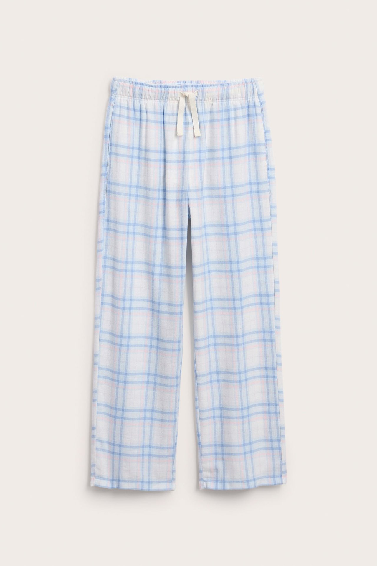 Frontbilde av hvit, lyseblå og rosa rutete pyjamasbukse med elastisk snøring i livet.