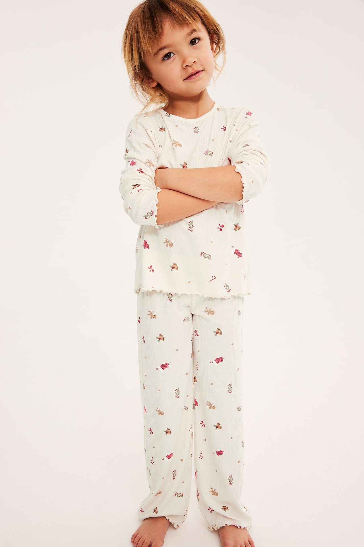 Ribbad julpyjamas i set - Offwhite - 3