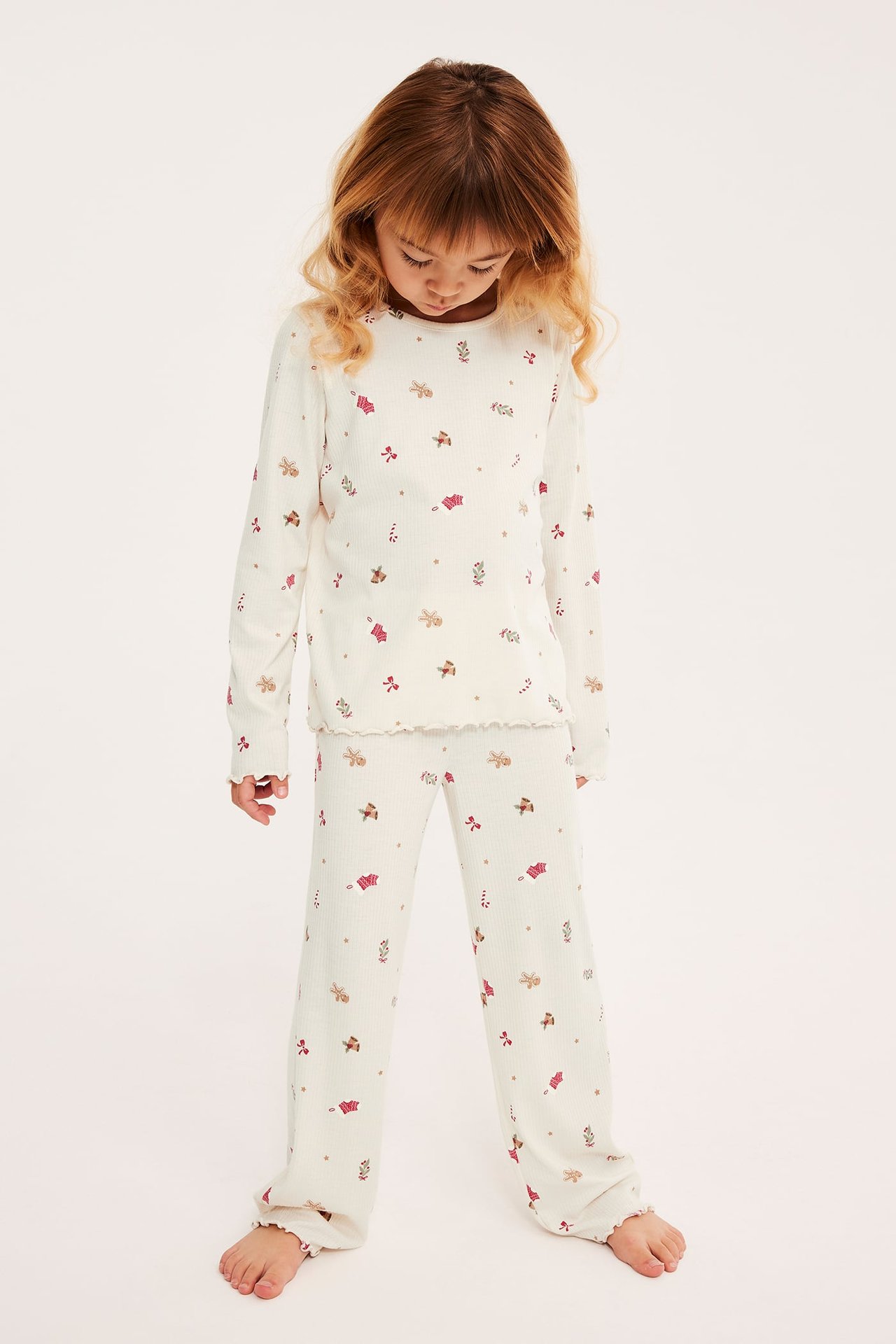 Ribbad julpyjamas i set - Offwhite - 4