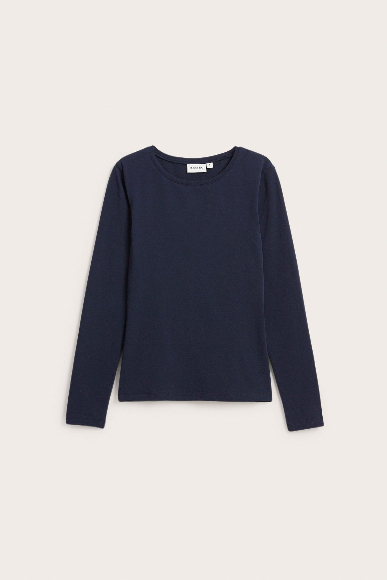 Frontvisning: mørk blå, ensfarget langermet basistopp med rund hals i bomullsblanding.