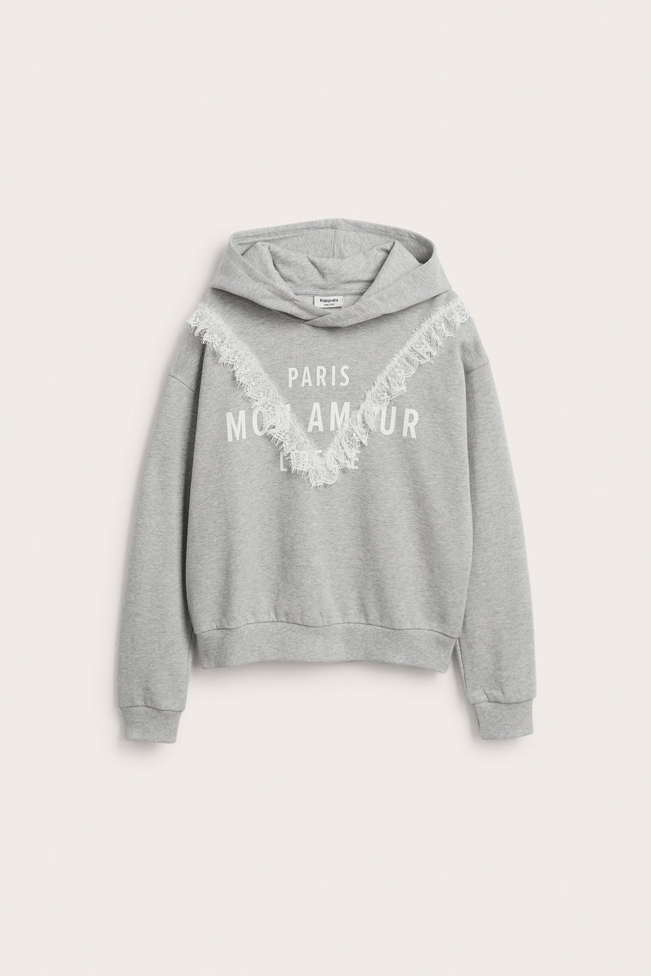Framifrån, ljusgrå hoodie med vit spetsdetalj i V-form och texttryck 'Paris Mon Amour'.