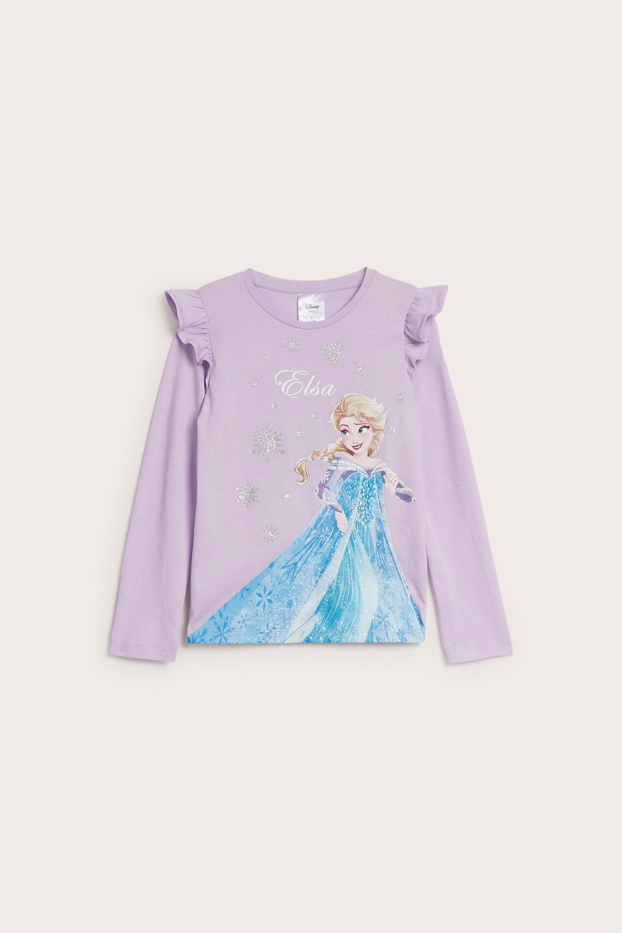 Framifrån: Långärmad lila t-shirt för barn med volangaxlar och glittertryck av Elsa.