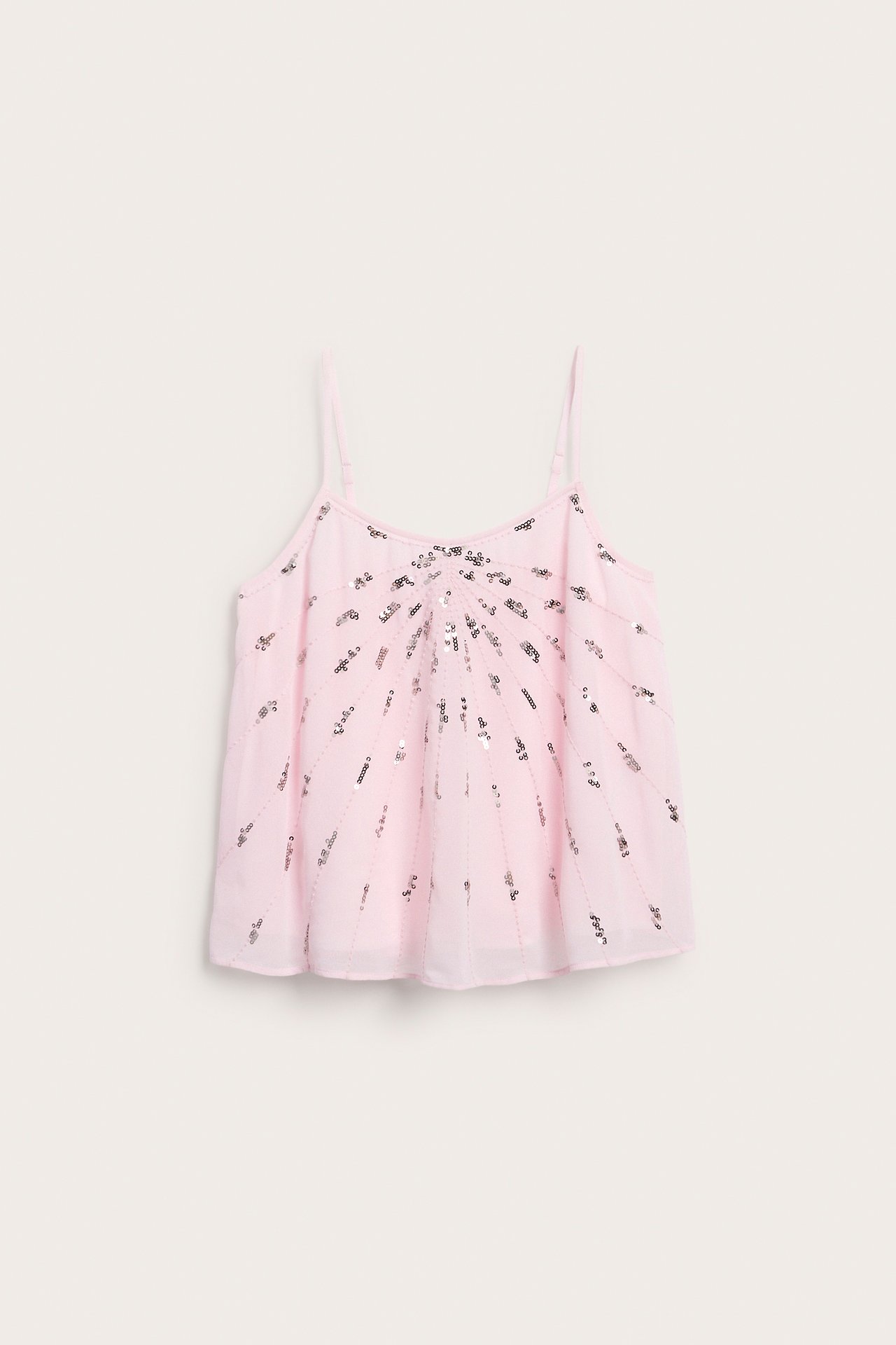 Framifrån rosa paljett prydd camisole-topp med justerbara spagettiband.