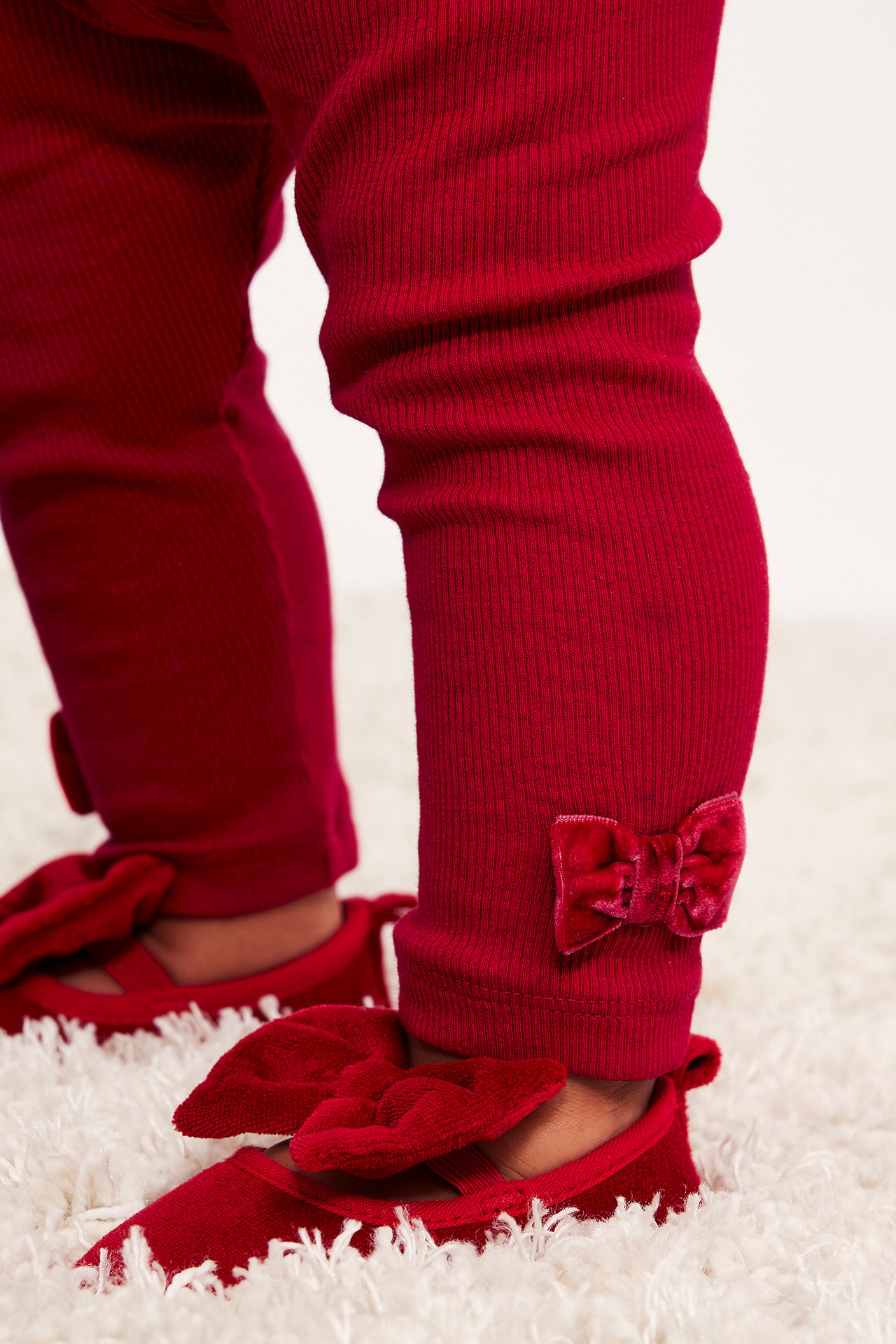 Närbild på babys ben i röda ribbade leggings med sammetsrosetter vid anklarna och röda sammetsskor.