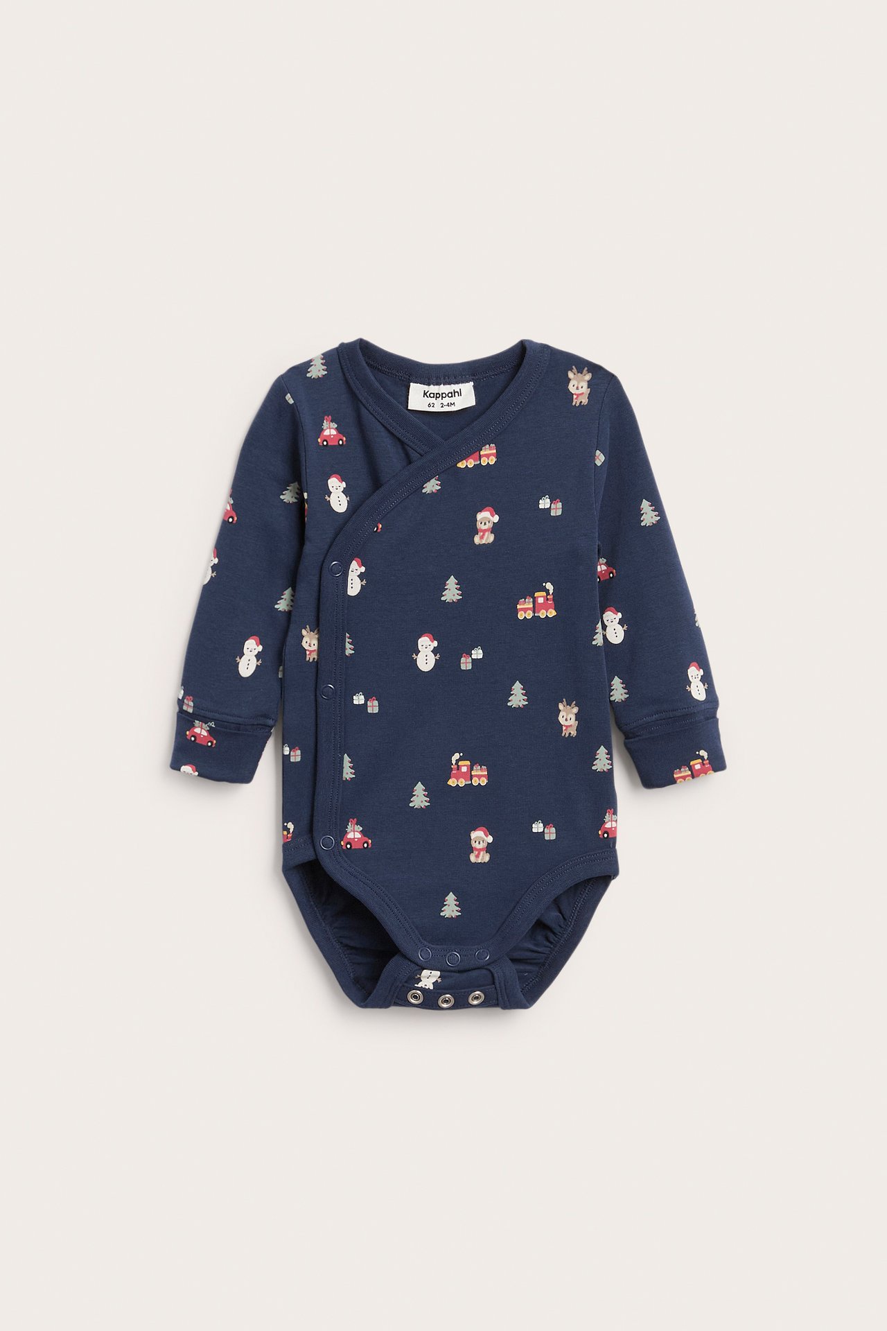 Frontvy av en mörkblå långärmad omlottbody för baby med jultryck och tryckknappar.