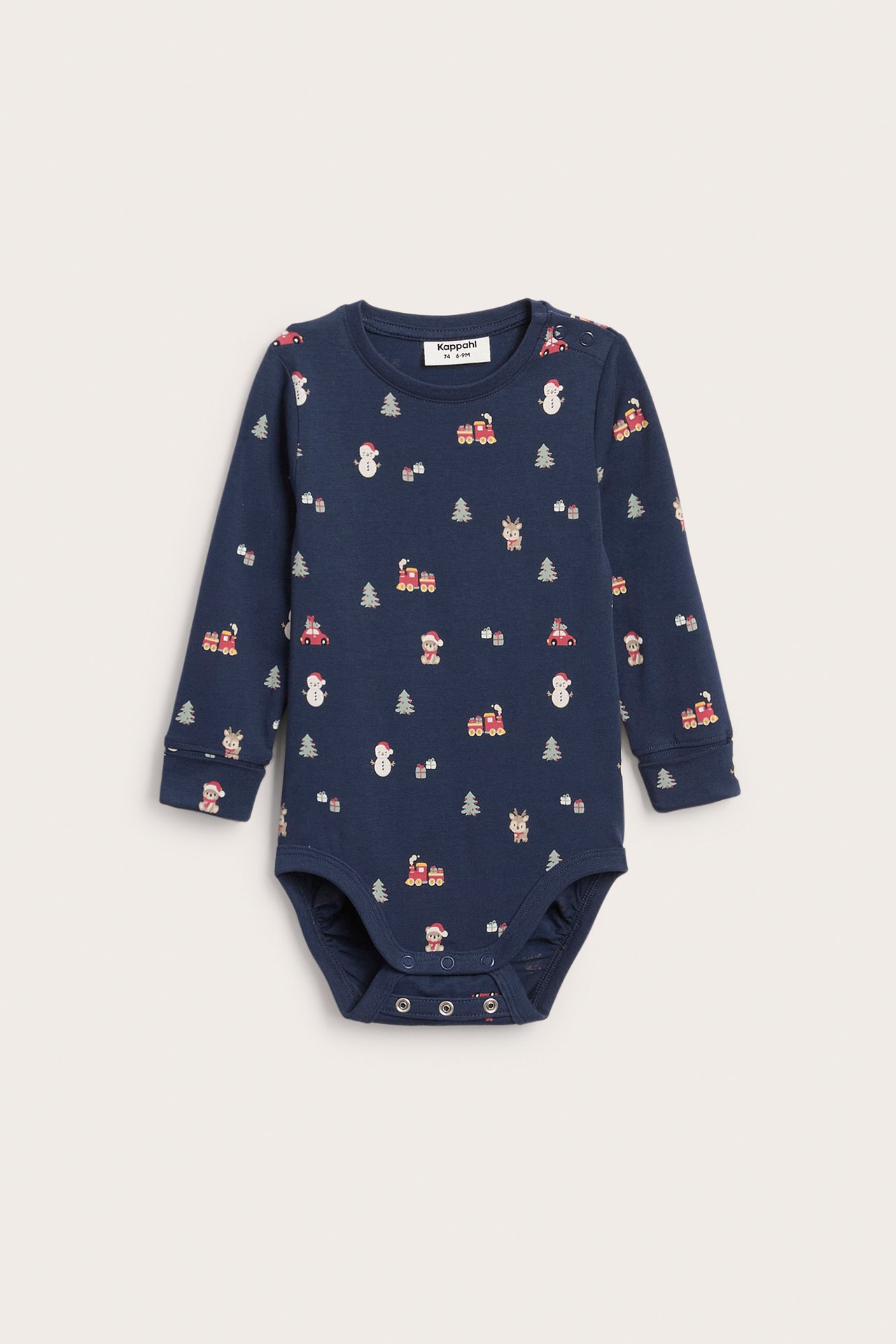 Framsida av en mörkblå långärmad babybody med julmönster och tryckknappar.