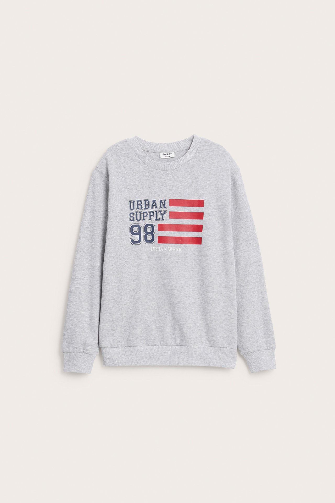 Framsida: Grå sweatshirt med grafiskt tryck 'Urban Supply 98' och röda ränder.