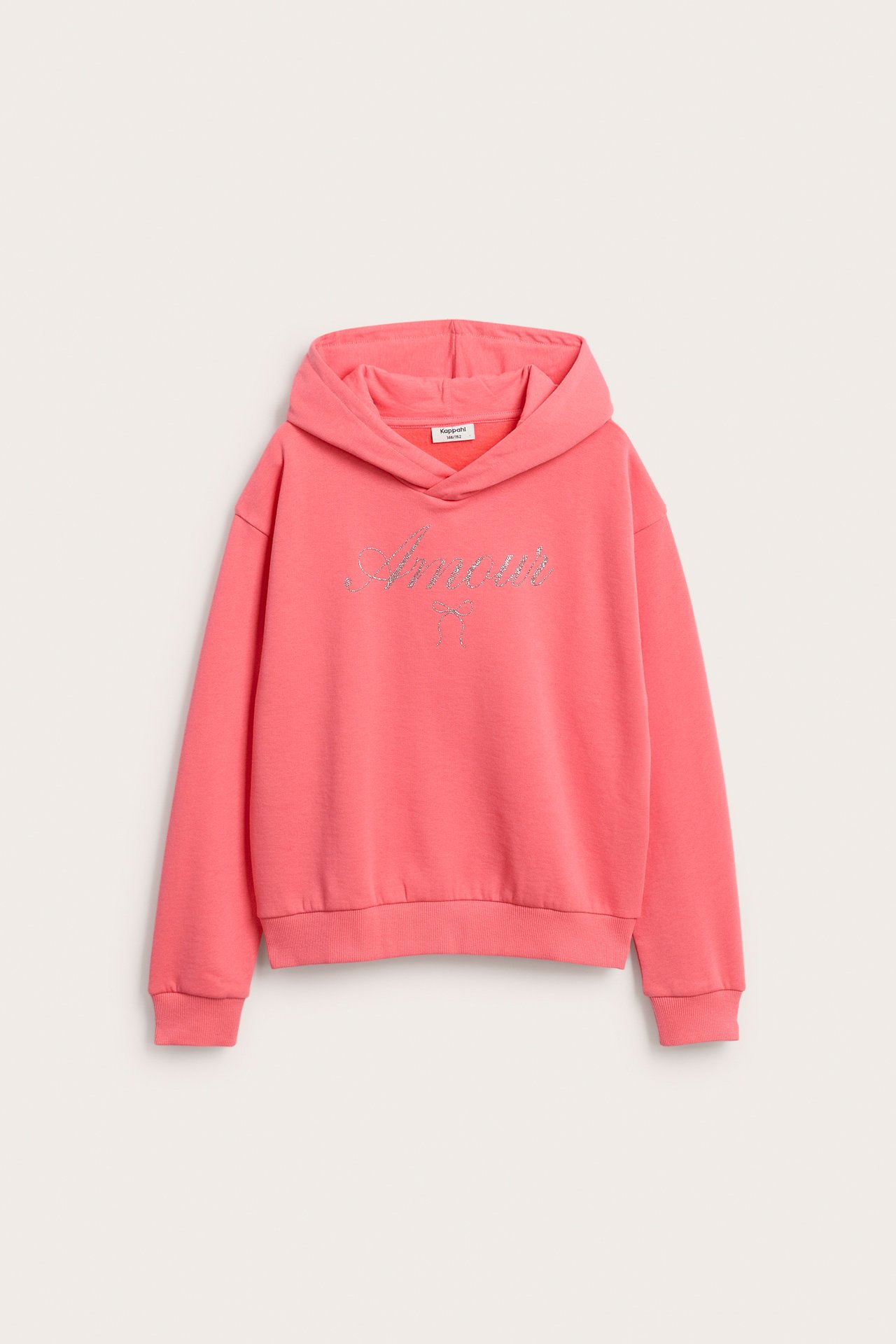 Forfra, en rosa langermet hettegenser til barn med glittertrykk "Amour".