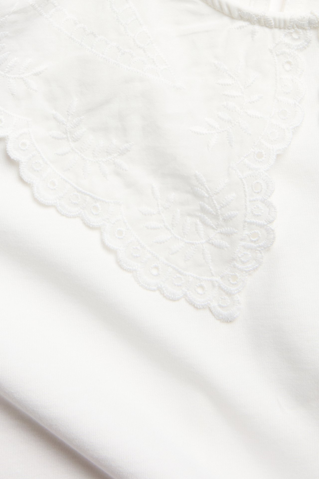 Närbild på vitt plagg med vit broderad uddkantad krage.
