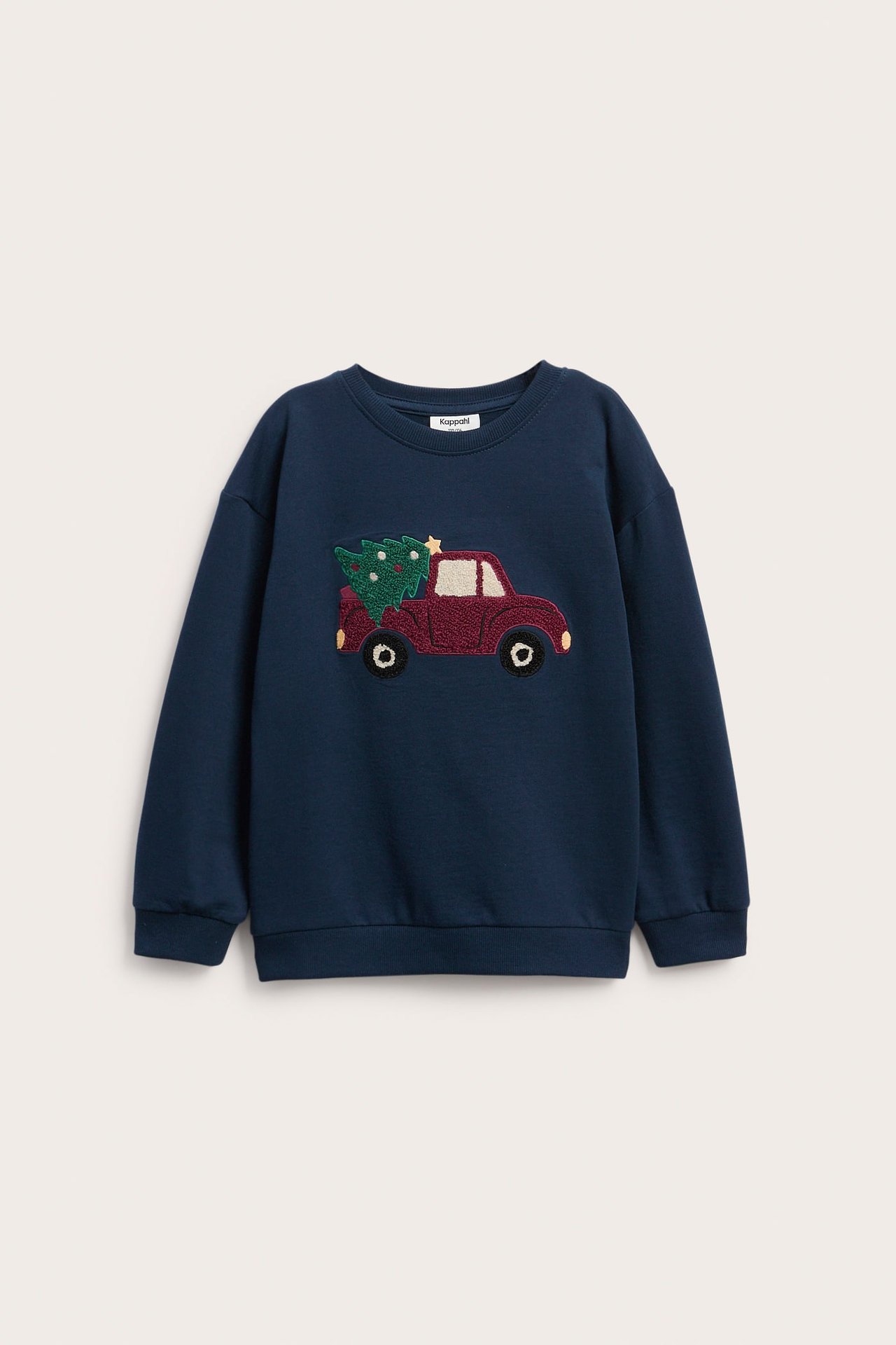 Framifrån: Barns marinblå sweatshirt med röd lastbil och julgransapplikation.