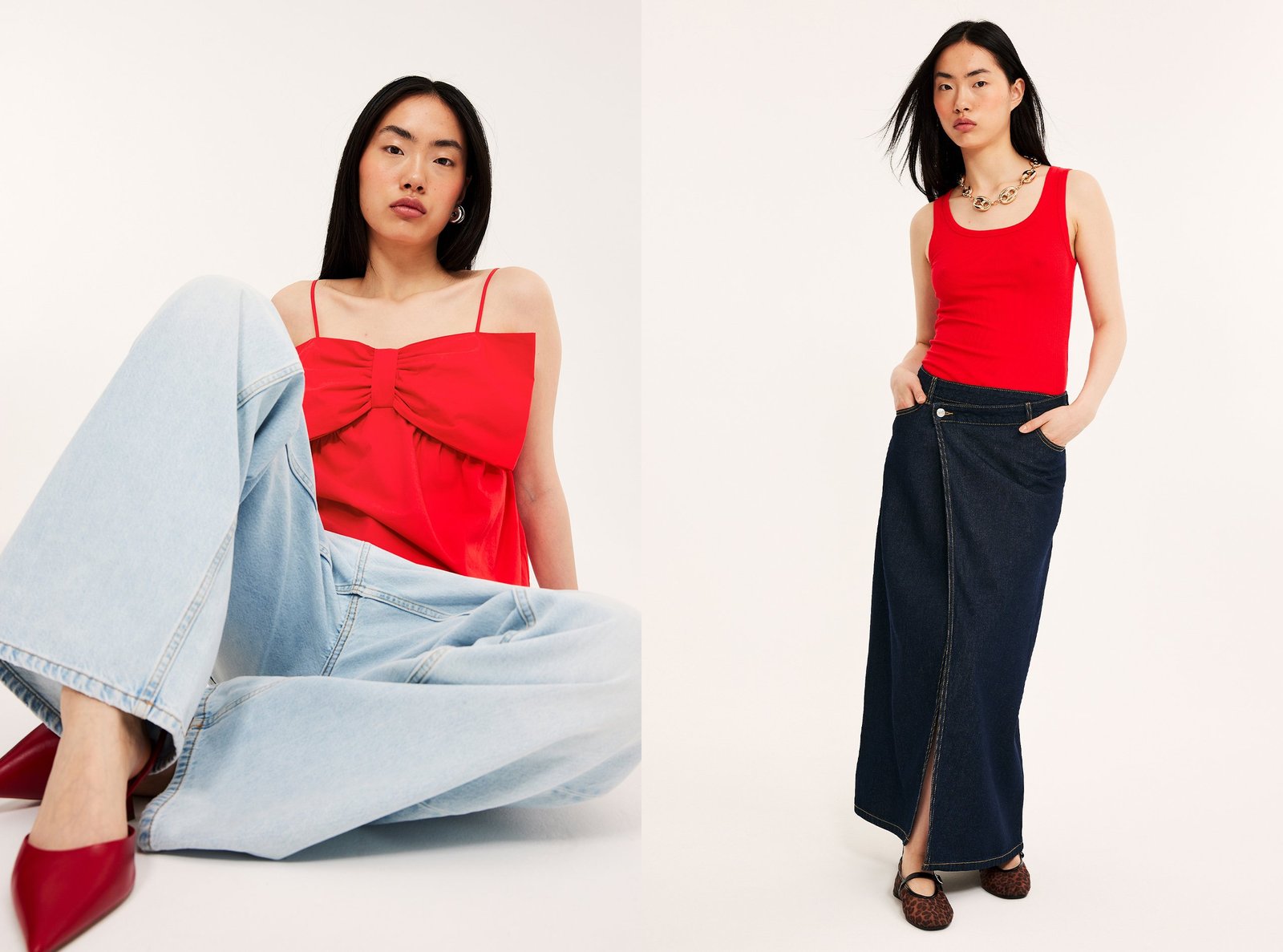 Två bilder på en kvinna i röda toppar, och nederdel i denim.