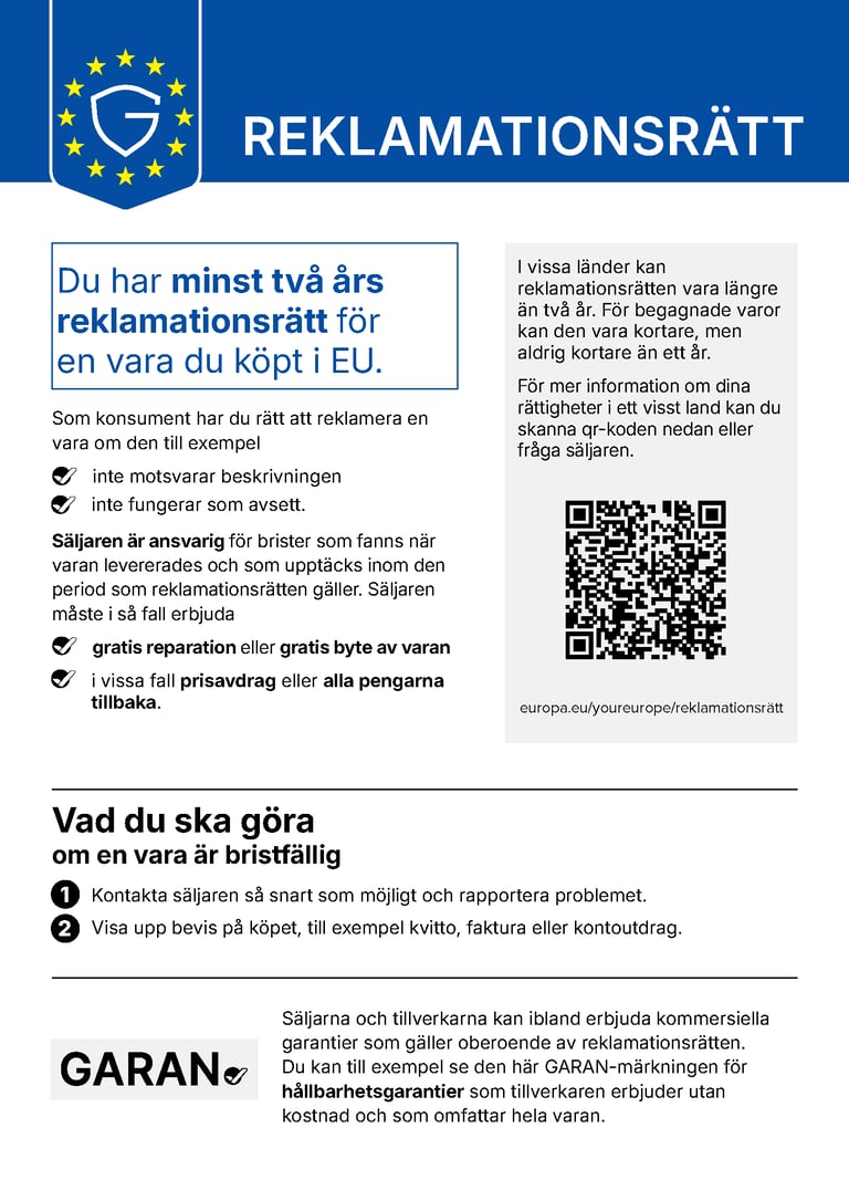 EU-meddelande om den lagstadgade reklamationsrätten på minst två år.